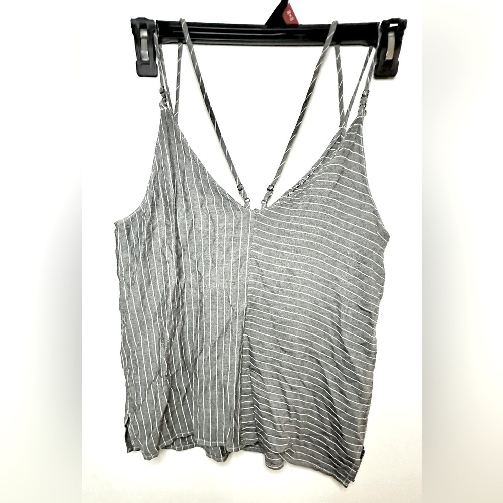 Lost April Womens Striped V-Neck Spaghetti Cross Back Tank Top Gray Size Small
